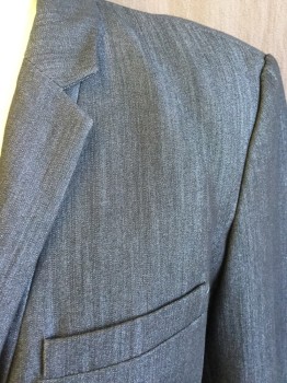 CALVIN KLEIN, Charcoal Gray, Polyester, Rayon, Stripes - Vertical , Charcoal Gray with Self Faint/uneven Vertical Stripes, Solid Dark Gray Lining, Notched Lapel, Single Breasted, 1 Large Metal Silver Button Front, 3 Pockets, Long Sleeves, 1 Split Back Center Hem