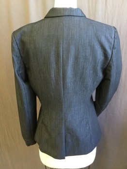 CALVIN KLEIN, Charcoal Gray, Polyester, Rayon, Stripes - Vertical , Charcoal Gray with Self Faint/uneven Vertical Stripes, Solid Dark Gray Lining, Notched Lapel, Single Breasted, 1 Large Metal Silver Button Front, 3 Pockets, Long Sleeves, 1 Split Back Center Hem