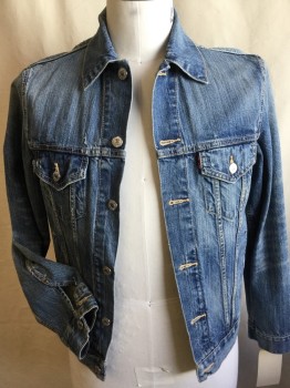 LEVI'S, Blue, Cotton, Solid, (DOUBLE) Faded Blue Denim Jean Jacket, Collar Attached, Silver Button Front, 4 Pockets, Long Sleeves,