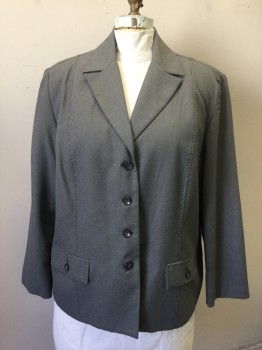 ALFRED DUNNER, Charcoal Gray, Lt Gray, Polyester, Birds Eye Weave, Charcoal with Light Gray Dotted Weave, Single Breasted, Notched Lapel, 4 Buttons, 2 Flap Pockets with Button Closures, Black Decorative Topstitching
