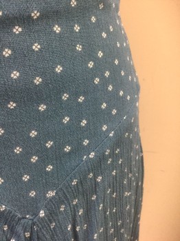 N/L, Slate Blue, White, Rayon, Calico , Gauze with Tiny White Dots/Shapes, Bias Cut Zig Zagged Seam Across Hips, with Triangular Godet Panels, Invisible Zipper