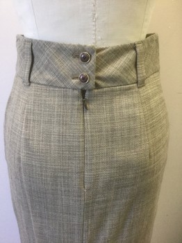 BANANA REPUBLIC, Taupe, Brown, Wool, Viscose, 2 Color Weave, Pencil Skirt, 2.5" Wide Self Waistband with Belt Loops, 2 Side Pockets, Invisible Zipper at Center Back, with 2 Brown and Gold Buttons at Center Back Waist