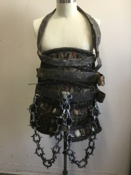 Mens, Historical Fict. Breastplate , MTO, Brown, Faded Black, Brass Metallic, Pewter Gray, Rust Orange, Metallic/Metal, Leather, 44+, 3 Wide Leather Belts, Modeled on 44 But Can Be Much Larger, Faux Animal Skull and Chain, Rope, Barbarian Armour, Aged/Distressed, Conan the Barbarian, Viking, Fantasy Armour