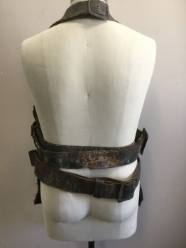 Mens, Historical Fict. Breastplate , MTO, Brown, Faded Black, Brass Metallic, Pewter Gray, Rust Orange, Metallic/Metal, Leather, 44+, 3 Wide Leather Belts, Modeled on 44 But Can Be Much Larger, Faux Animal Skull and Chain, Rope, Barbarian Armour, Aged/Distressed, Conan the Barbarian, Viking, Fantasy Armour