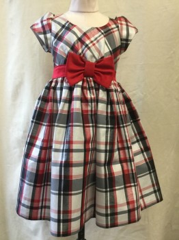 Childrens, Party Dress, Bonnie Jean, Silver, Gray, Red, Black, Polyester, Plaid, 6, Round Neck, Cap Sleeves, Red Bow and Tie at Waist, Skirt Gathered at Waist.zipper CB.