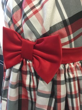 Childrens, Party Dress, Bonnie Jean, Silver, Gray, Red, Black, Polyester, Plaid, 6, Round Neck, Cap Sleeves, Red Bow and Tie at Waist, Skirt Gathered at Waist.zipper CB.