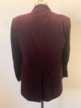 Mens, Smoking Jacket, TURNBULL & ASSER, Red Burgundy, Cotton, 48R, Velvet, Shawl Lapel, Braided Cord Piping on Lapel & Cuffs, Double Breasted, Button Front, Frog Button Closures, 3 Pockets, Single Back Vent