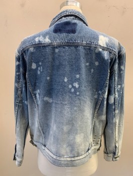 KSUBI, Denim Blue, White, Cotton, Faded, Ombre, Distressed Denim, White "+" Symbols Bleached at Shoulders, Long Sleeves, Button Front, Collar Attached, Bleach Splatters in Back