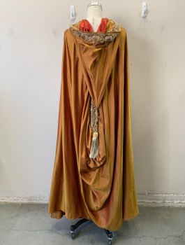 Womens, Historical Fiction Cape, MTO, Goldenrod Yellow, White, Polyester, Solid, O/S, Golden Polyester Silk, Ornate Gold/White Trim, Pointed Hood with Tassel, Tassel Front Neck Tie, Floor Length Hem, Draped Back Medieval/Renaissance *small Fabric Pulls Throughout*