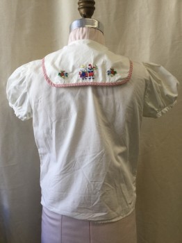 Childrens, Top, JACADI, White, Red, Cotton, Solid, Floral, 6, Button Front, Novelty Rounded Collar Attached with Red & White Stripes, Multi Color Intricate Floral Embroidery, Short Sleeves, Slight Stains