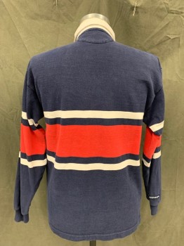 BARBARIAN, Navy Blue, White, Red, Cotton, Stripes, White Collar, 2 Button Hidden Placket, Long Sleeves, Ribbed Knit Cuff