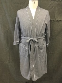 FRUIT OF THE LOOM, Medium Gray, Polyester, Solid, Waffle Knit, Open Front, 3/4 Sleeve, White Piping, 2 Pockets, Self Belt Attached at Back Waist, Belt Loops
