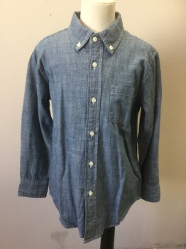 CREW CUTS, Denim Blue, Cotton, Solid, Boys, Chambray, Long Sleeve Button Front, Collar Attached, Button Down Collar, 1 Patch Pocket