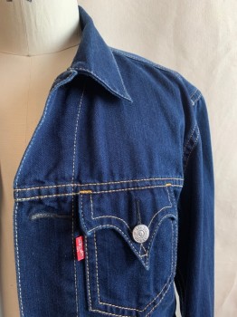 LEVI'S, Dk Blue, Cotton, Solid, Collar Attached, Button Front, 5 Buttons, 2 Chest Pockets, Tabs at Waist with 4 Buttons