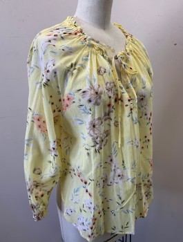 Womens, Blouse, VELVET, Lt Yellow, Lt Pink, White, Lt Blue, Black, Cotton, Floral, XS, Gauze, 3/4 Sleeves, Drawstring Neckline with Keyhole, Self Ties, Peasant Blouse, Pullover