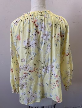 Womens, Blouse, VELVET, Lt Yellow, Lt Pink, White, Lt Blue, Black, Cotton, Floral, XS, Gauze, 3/4 Sleeves, Drawstring Neckline with Keyhole, Self Ties, Peasant Blouse, Pullover