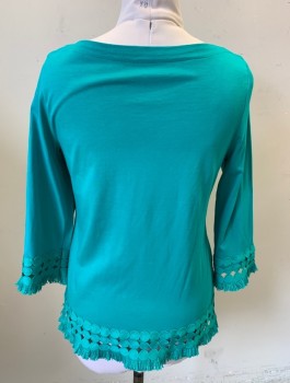 Womens, Top, TALBOTS, Teal Green, Cotton, Solid, M, Jersey, Bateau/Boat Neck, 3/4 Sleeves, Circles Pattern Trim at Cuffs and Hem with Self Fringe Edges, Pullover