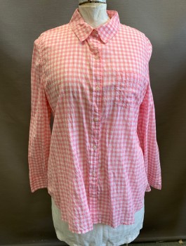 Womens, Blouse, 1901, Lt Pink, White, Cotton, Spandex, Gingham, 2XL, Long Sleeves, Button Front, Collar Attached, 1 Patch Pocket