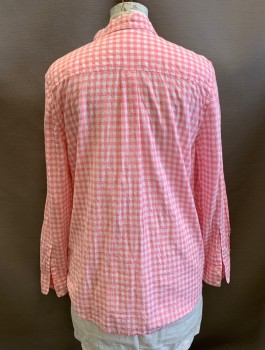 Womens, Blouse, 1901, Lt Pink, White, Cotton, Spandex, Gingham, 2XL, Long Sleeves, Button Front, Collar Attached, 1 Patch Pocket