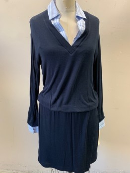 Womens, Dress, Long & 3/4 Sleeve, BAILEY 44, Navy Blue, Lt Blue, Blue, White, Brown, Rayon, Spandex, Solid, Stripes, M, Long Sleeves, Navy V-neck, with Contrasting Striped Collar & Cuffs Attached, Elastic Waist, Faux Wrap Skirt