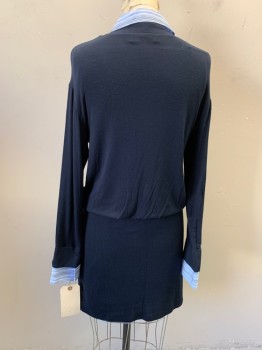 BAILEY 44, Navy Blue, Lt Blue, Blue, White, Brown, Rayon, Spandex, Solid, Stripes, Long Sleeves, Navy V-neck, with Contrasting Striped Collar & Cuffs Attached, Elastic Waist, Faux Wrap Skirt