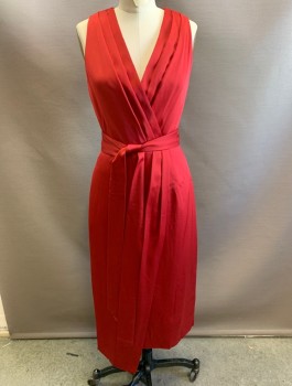 Womens, Dress, Sleeveless, TED BAKER, Cranberry Red, Polyester, Solid, S, Crepe, Surplice V-neck with 3 Pleats Along Each Side, Vertical Pleats From Side Waist to Hem, Hem Below Knee, Belt Loops, **With Matching Fabric Belt