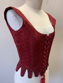 Womens, Historical Fiction Corset, N/L, Maroon Red, Silk, Cotton, Floral, Solid, B<36", S, W<28", Self Pattern, 1.5" Wide Straps, Scoop Neck, Lace Up in Front and in Back, Boned Structure, Tabbed Waist/Hem, Made To Order Reproduction 1600's