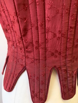 N/L, Maroon Red, Silk, Cotton, Floral, Solid, Self Pattern, 1.5" Wide Straps, Scoop Neck, Lace Up in Front and in Back, Boned Structure, Tabbed Waist/Hem, Made To Order Reproduction 1600's