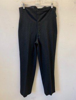 Mens, Pants 1890s-1910s, N/L MTO, Black, Wool, Solid, Ins:31, W:32, Flat Front, Button Fly, Suspender Buttons at Inside Waist, Self Belt with Buckle Attached at Back Waist, Made To Order