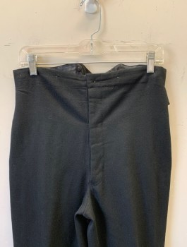 Mens, Pants 1890s-1910s, N/L MTO, Black, Wool, Solid, Ins:31, W:32, Flat Front, Button Fly, Suspender Buttons at Inside Waist, Self Belt with Buckle Attached at Back Waist, Made To Order
