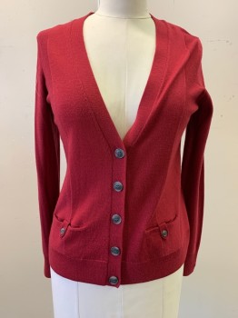 Womens, Sweater, HALOGEN, Wine Red, Wool, Solid, L, V-neck, Single Breasted, Button Front, 2 Pockets