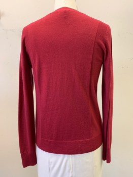 HALOGEN, Wine Red, Wool, Solid, V-neck, Single Breasted, Button Front, 2 Pockets