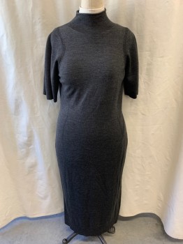 Womens, Dress, Short Sleeve, COS, Charcoal Gray, Wool, Rayon, Solid, L, Knit, Turtle Neck, Pullover, Short Sleeves, Hem Above Ankle, Slit at Back