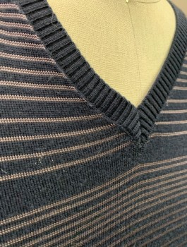 HUGO BOSS, Navy Blue, Beige, Wool, Stripes - Horizontal , Thin Beige Stripes, Knit, Long Sleeves, V-neck