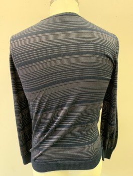 HUGO BOSS, Navy Blue, Beige, Wool, Stripes - Horizontal , Thin Beige Stripes, Knit, Long Sleeves, V-neck