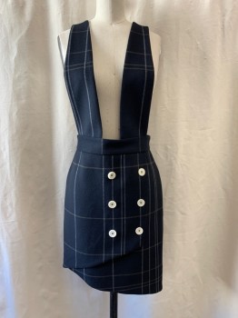Womens, Dress, Sleeveless, MAJE, Navy Blue, White, Gray, Polyester, Viscose, Plaid, S, Pinafore Dress, Overlapping Layer on Front, Off Center Double Row of White Buttons, Asymmetrical Hem, Zip Back