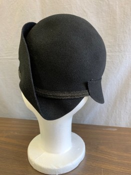 Womens, Hat, NL, Black, Wool, Solid, M, Cloche, Added Black Felt Wrap Around Brim That Has the Illusion of Being Threaded Through a Woven Horsehair Ring Design Added Woven Horsehair Trim Along Lower Egde