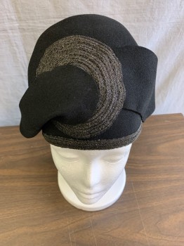 Womens, Hat, NL, Black, Wool, Solid, M, Cloche, Added Black Felt Wrap Around Brim That Has the Illusion of Being Threaded Through a Woven Horsehair Ring Design Added Woven Horsehair Trim Along Lower Egde