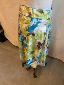 TALBOTS, Teal Blue, Avocado Green, White, Gray, Silk, Polyester, Floral, Box Pleats, Zipper at Side