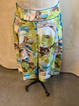 TALBOTS, Teal Blue, Avocado Green, White, Gray, Silk, Polyester, Floral, Box Pleats, Zipper at Side