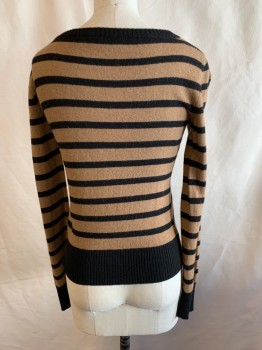 MAX & CO., Lt Brown, Black, Wool, Cashmere, Stripes, Solid Black Ribbed Knit Ballet Neck with Solid Black Boys Attached, Long Sleeves, Solid Black Ribbed Knit Waistband/Cuff