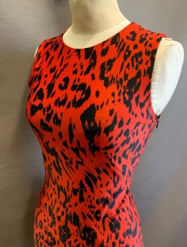 FAUSTO PUGLISI, Red, Black, Polyester, Spandex, Animal Print, Abstract , Splotchy Leopard Spot Pattern, Stretch Material, Sleeveless, Body-con Dress, Round Neck, Hem Above Knee,  Invisible Zipper at Side, High End Designer