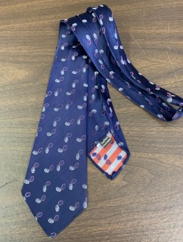 Mens, Tie, RESILIENT, Navy Blue, Red, White, Silk, Abstract , Circles, Brocade, No Lining, 3.5" Wide at Base, Four in Hand, in Excellent Condition