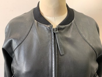 Womens, Leather Jacket, KENDALL & KYLIE, Black, Leather, Solid, B: 36, M, Faux Leather, Zip Front, Wide Rib Knit Cuffs, Shaped Rib Knit Waistband, 2 Zipper Pockets