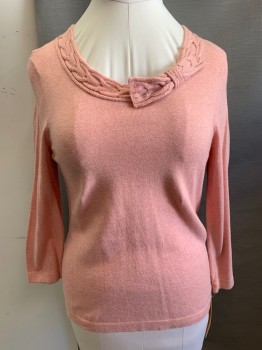 JONES NEW YORK, Peach Orange, Cotton, Solid, Long Sleeves, Jewel Neck with a Cable Knit Trim
