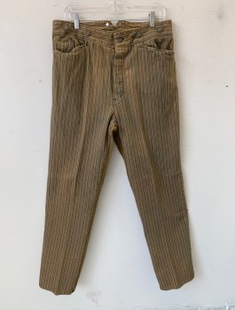 Mens, Historical Fiction Pants, WAH MAKER, Espresso Brown, Tan Brown, Cotton, Stripes - Pin, Ins:34, W:34, Reproduction 1800's, Denim Fabric, Button Fly, Large Tan Panel at Bum/Back of Legs, Suspender Buttons at Outside Waist, Belted Back, 3 Pockets