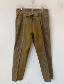 Mens, Historical Fiction Pants, WAH MAKER, Espresso Brown, Tan Brown, Cotton, Stripes - Pin, Ins:34, W:34, Reproduction 1800's, Denim Fabric, Button Fly, Large Tan Panel at Bum/Back of Legs, Suspender Buttons at Outside Waist, Belted Back, 3 Pockets