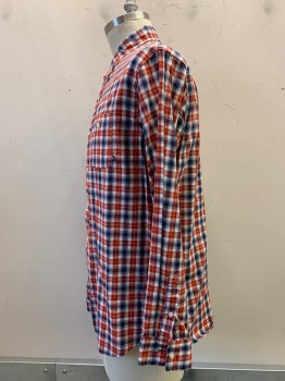Nike, Red, Navy Blue, White, Cotton, Plaid, L/S, Button Front, Collar Attached, Chest Pocket
