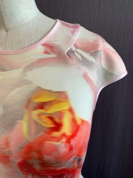 TED BAKER, Pink, Orange, Cream, Sage Green, Red, Polyester, Elastane, Floral, Abstract , Short Sleeves, Zip Back, Round Neck, Abstract Roses/floral Print