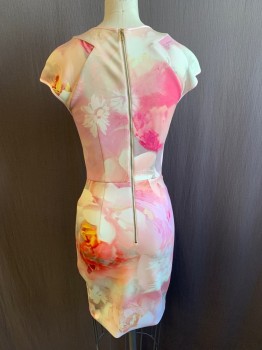 TED BAKER, Pink, Orange, Cream, Sage Green, Red, Polyester, Elastane, Floral, Abstract , Short Sleeves, Zip Back, Round Neck, Abstract Roses/floral Print